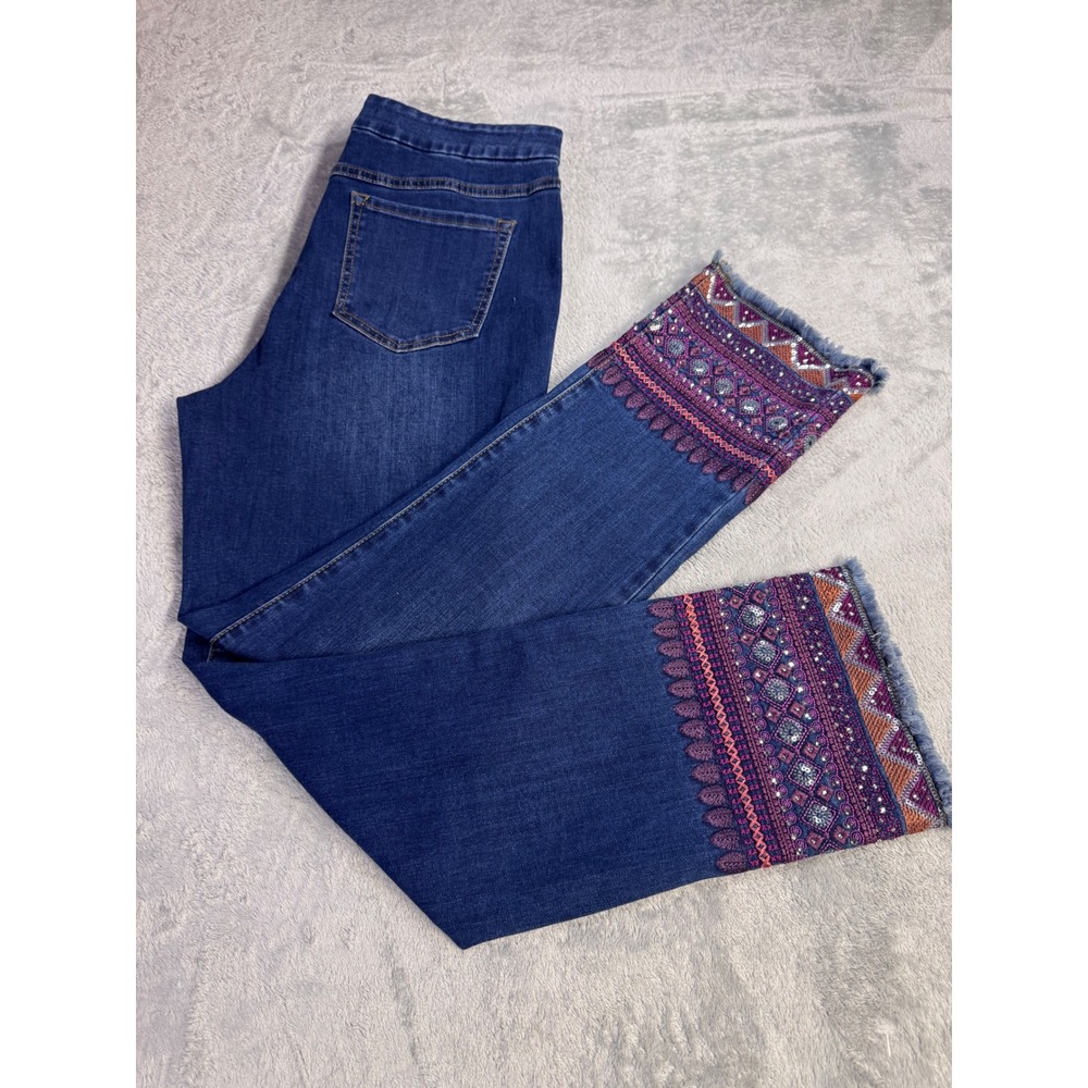 Tribal Jeans Womens Embroidered Sequin Hem Pull On Straight Leg Dark Wash Denim